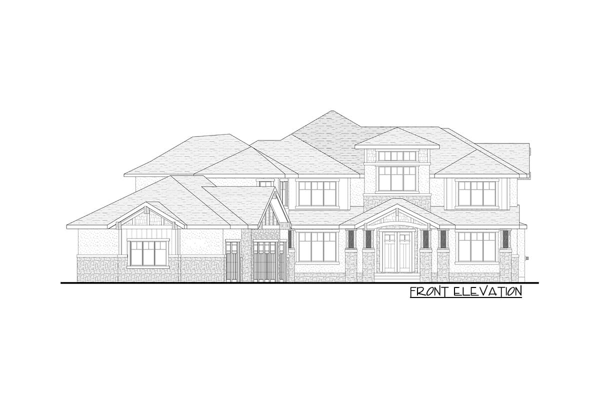 Front elevation drawing of a two-story house plan featuring multiple gables, stone accents, and a prominent covered entryway.