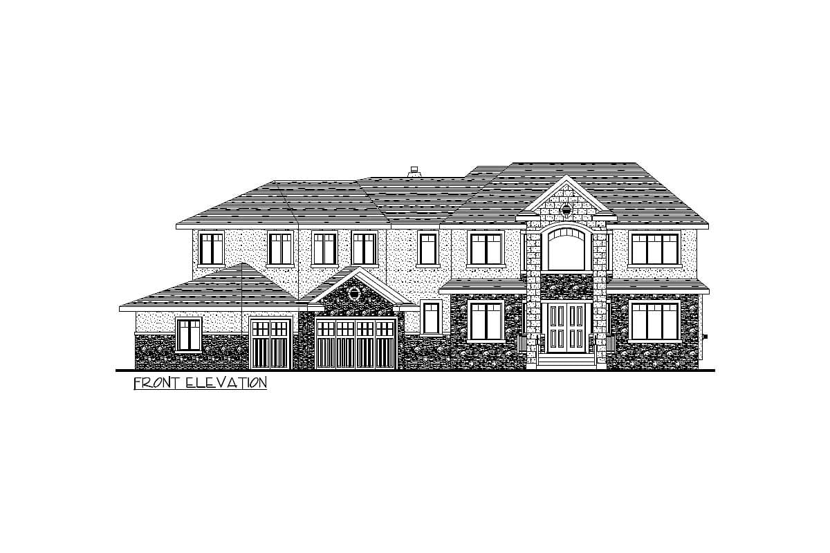 Front elevation drawing of a two-story house with a stone facade, multiple gables, and a central double garage.
