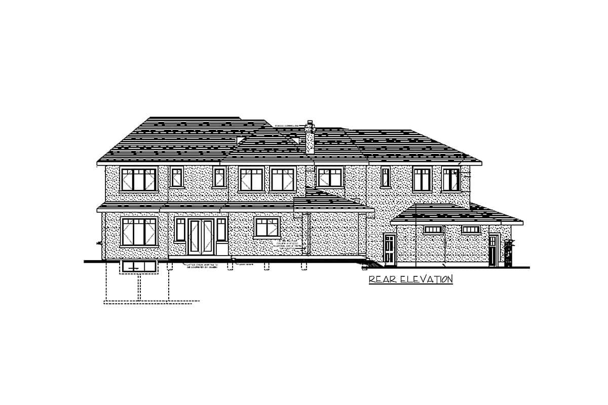 Rear elevation house plan showing a two-story brick house with multiple windows, a covered patio, and an attached garage.