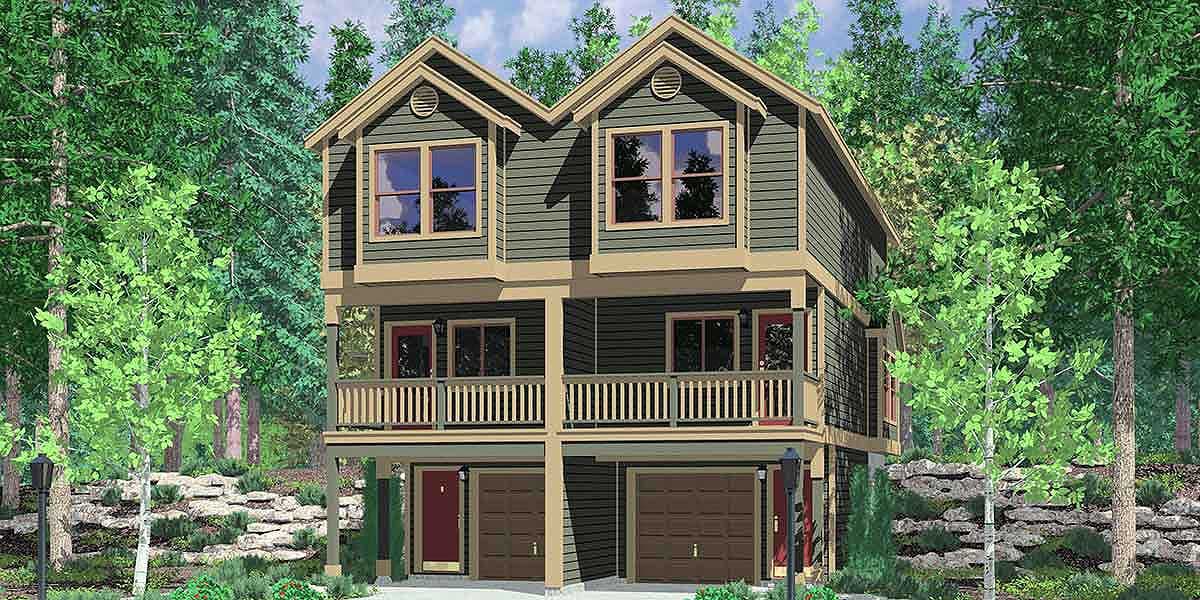 House plan exterior: two-story duplex with side-by-side garages, upper-level balcony, and gabled dormers.
