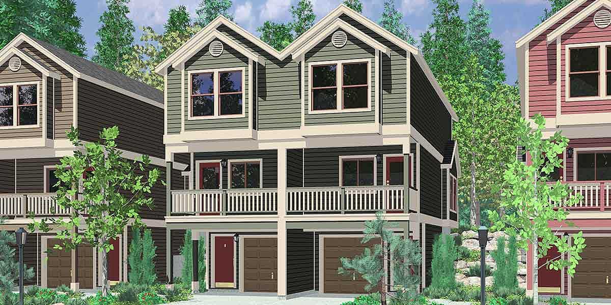 House plan exterior. Two-story townhouse with gabled roofs, balconies, and single-car garages. Includes a dark siding and trim scheme.