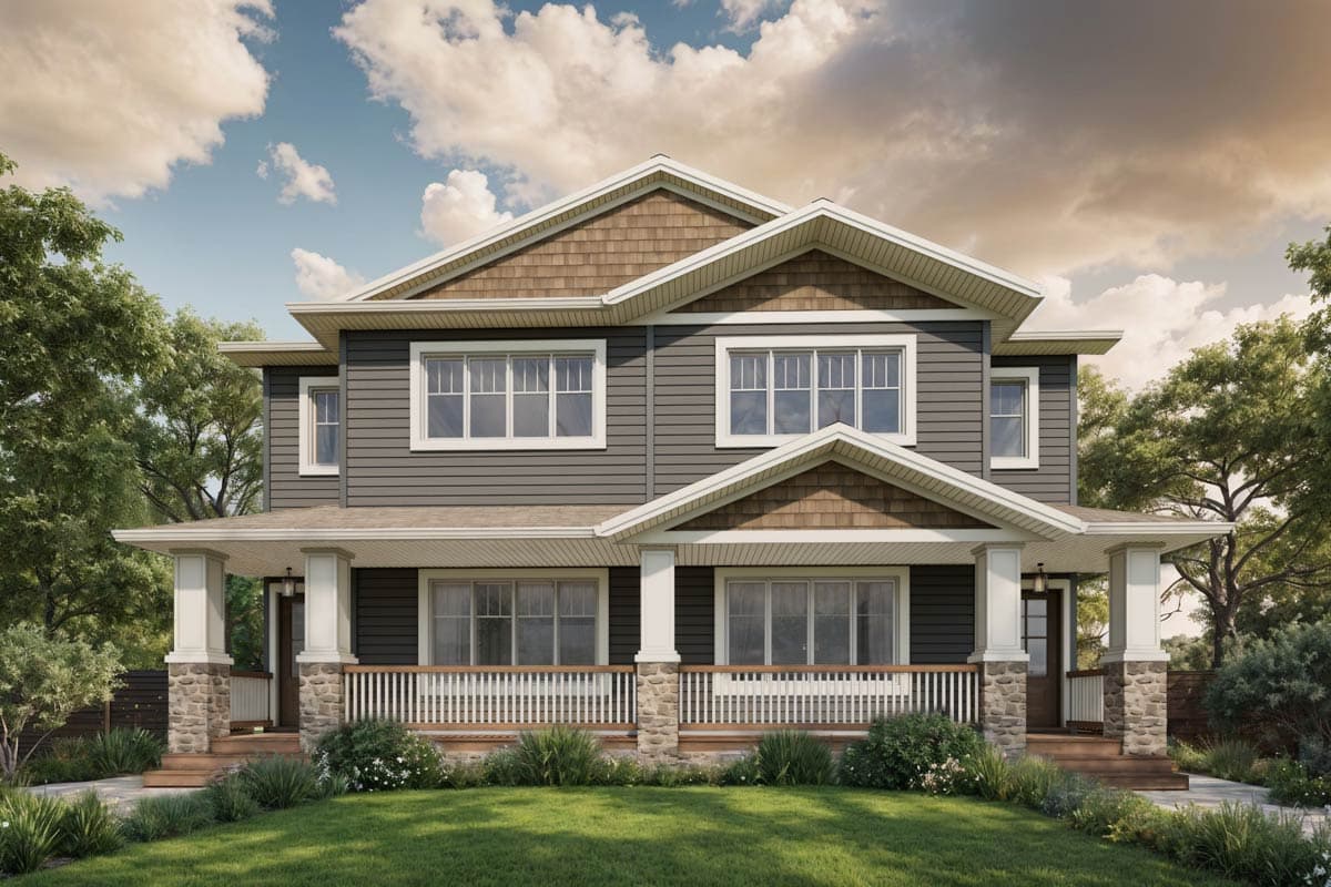 House plan exterior. Two-story Craftsman home with a covered porch supported by columns. Features include gable rooflines and decorative shake siding.