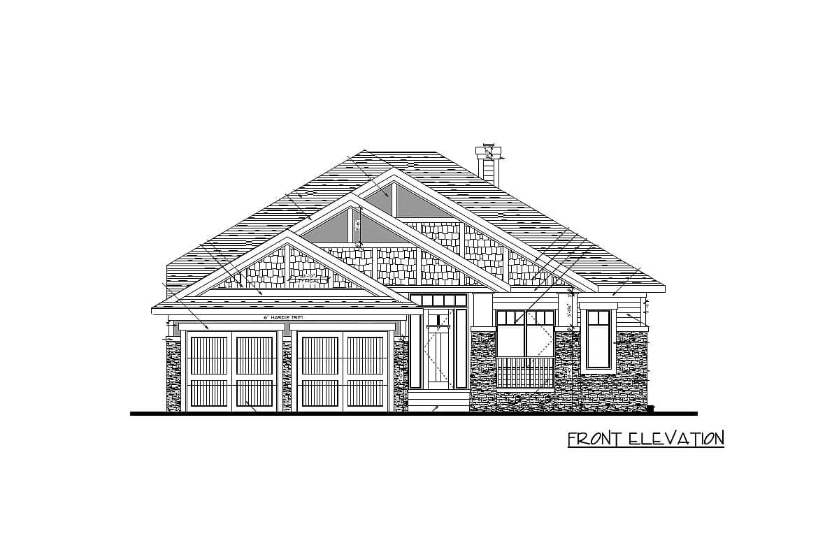 Front elevation drawing of a house with a prominent gable roof, stone foundation, double garage doors, and decorative shake siding.