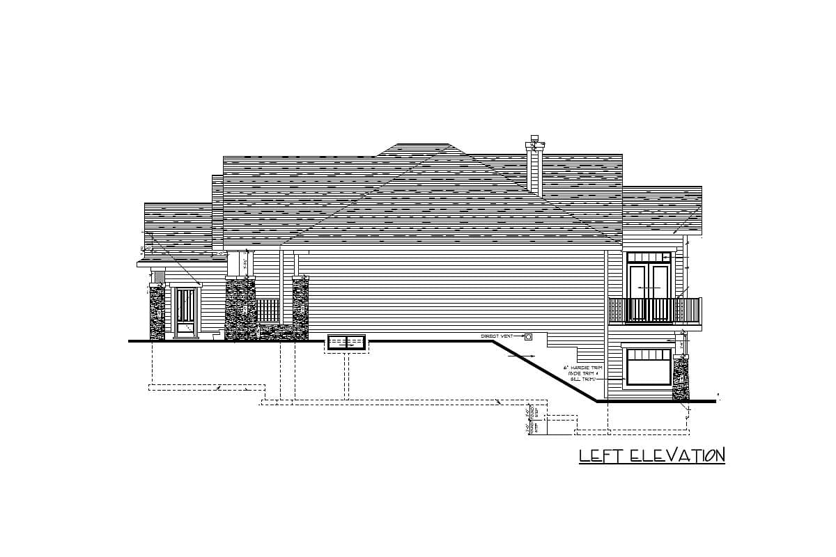 Left elevation house plan showing siding, stone-clad columns, rooflines, a balcony, and foundation details.