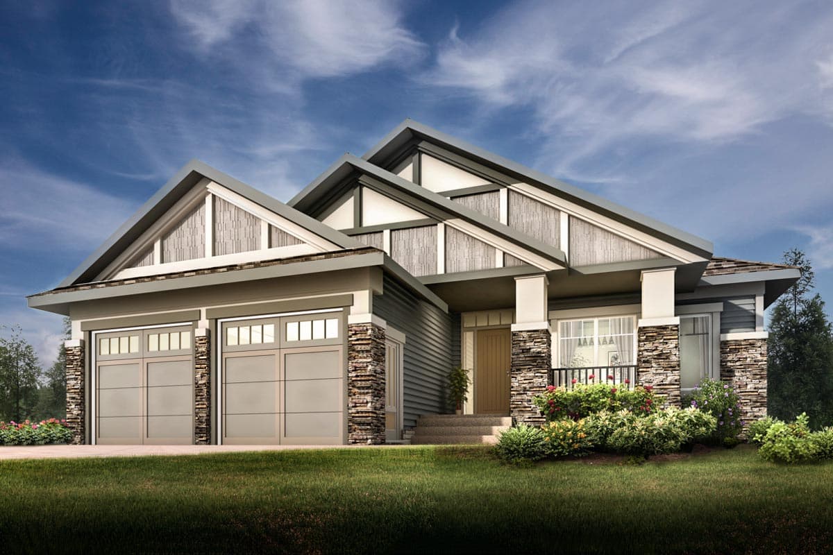 House plan exterior: Modern style home with stacked stone accents, dual garage doors, and prominent gabled rooflines.