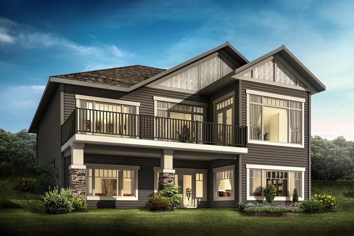 House plan exterior: two-story modern home with gabled roof, second-story balcony, stone accents, and large windows.