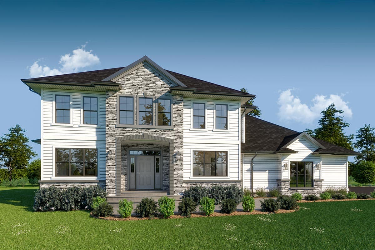 House plan exterior: Two-story contemporary home with stone accents, covered entry, gables, and asphalt roof.
