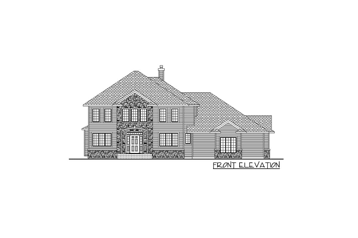Front elevation drawing of a two-story house with stone accents, multiple gables, and a covered entrance.
