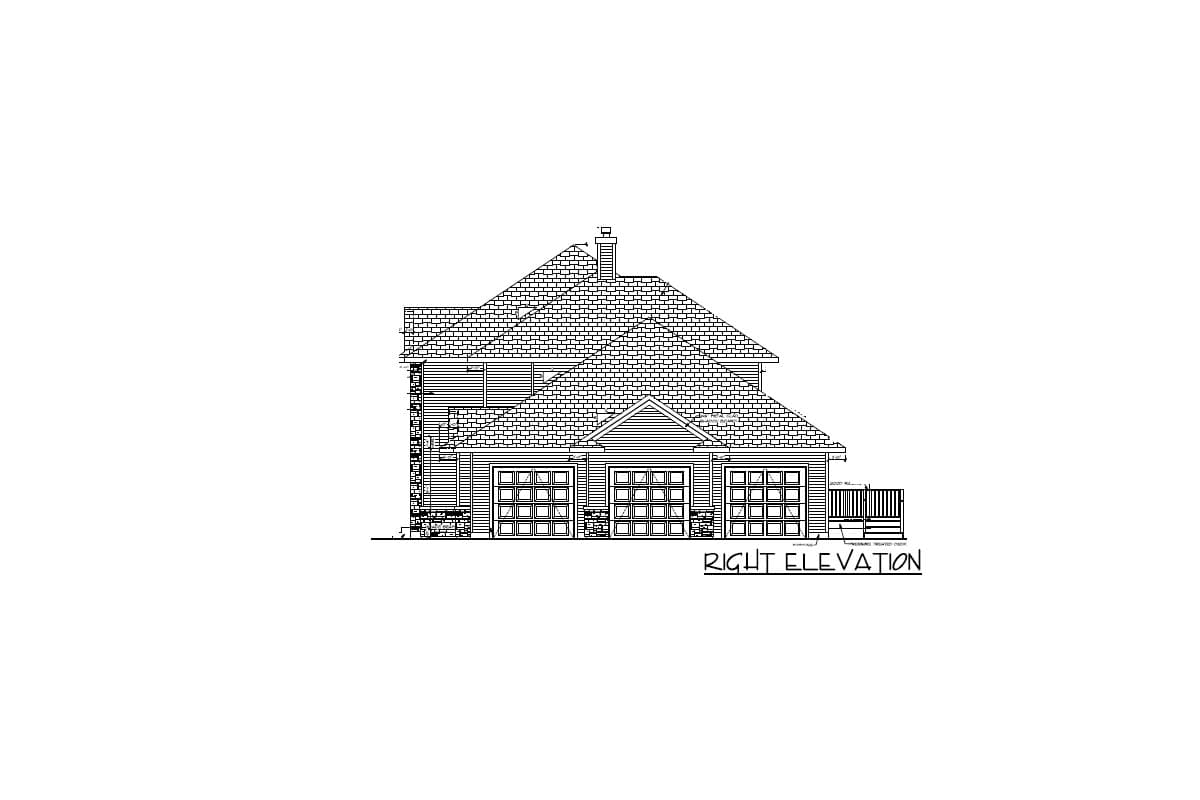 House plan right elevation showing a two-story home with a complex roofline, a chimney, and three attached garage bays.