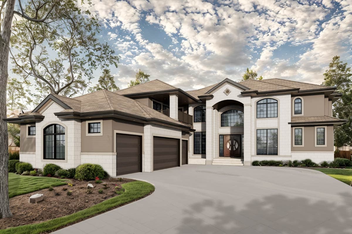 House plan exterior. Two-story with stone facade, arched entryway, and a covered porch. Features a three-car garage and multiple gables.