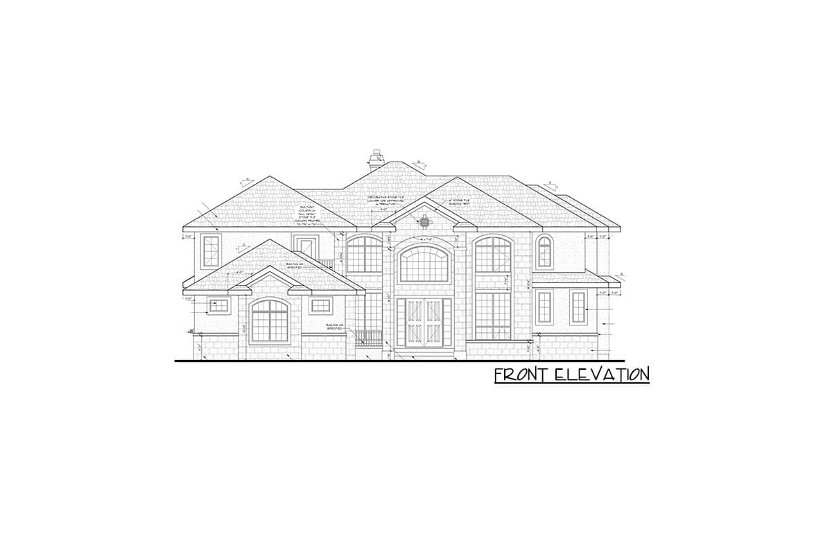 Front elevation drawing of a two-story house with stone facade, prominent gables, and arched windows.