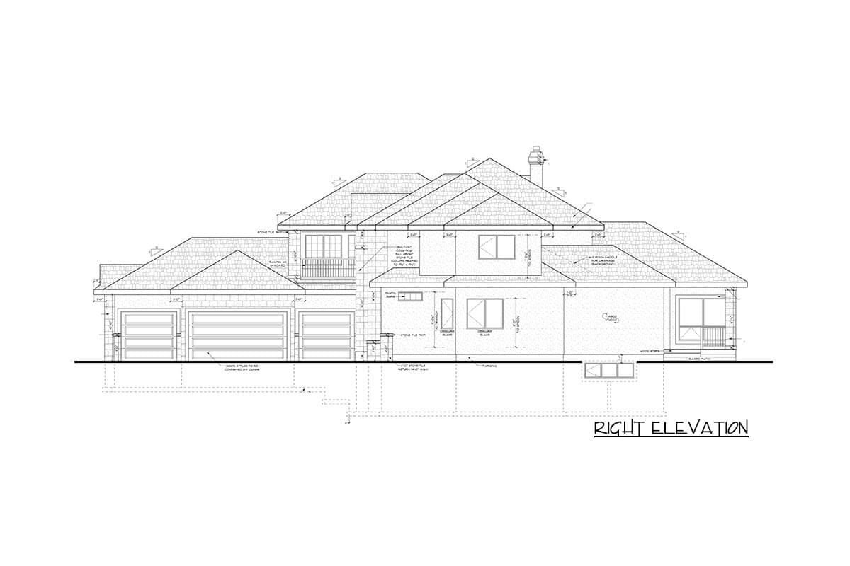 Right elevation house plan drawing shows a multi-story house with a three-car garage, dormers, and varied rooflines.