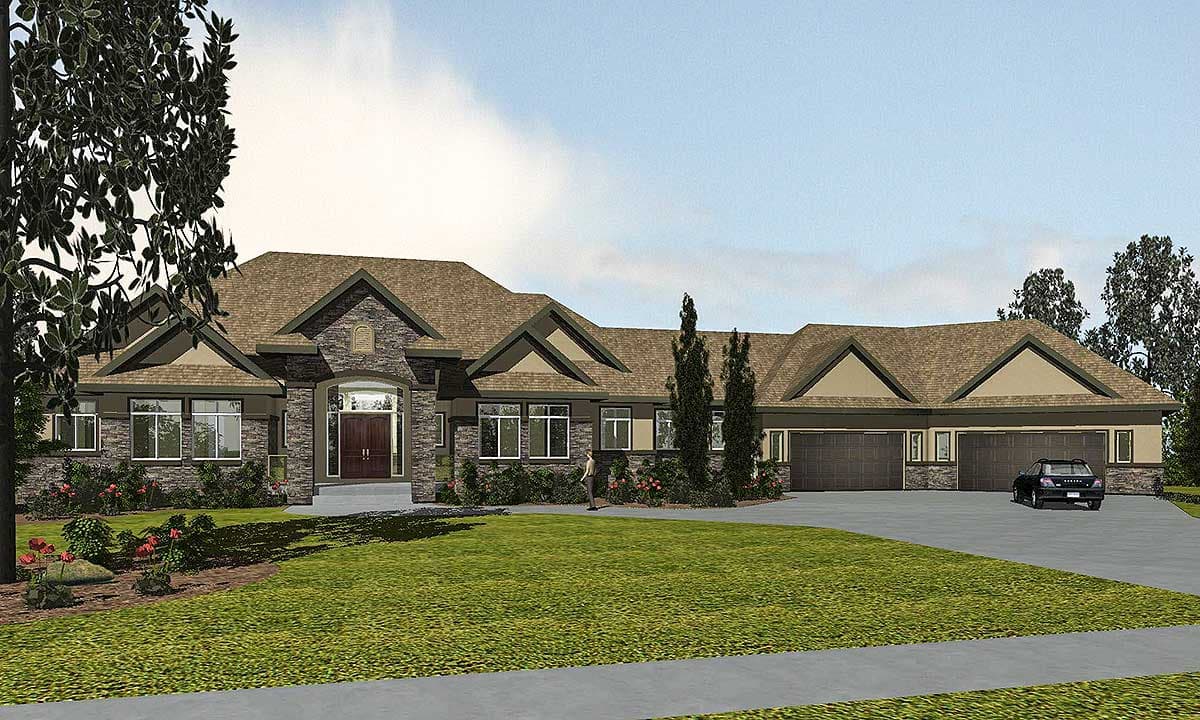 House plan exterior. Ranch style with stone facade and multiple gables. Features a covered entry, multiple dormers, and an attached garage.
