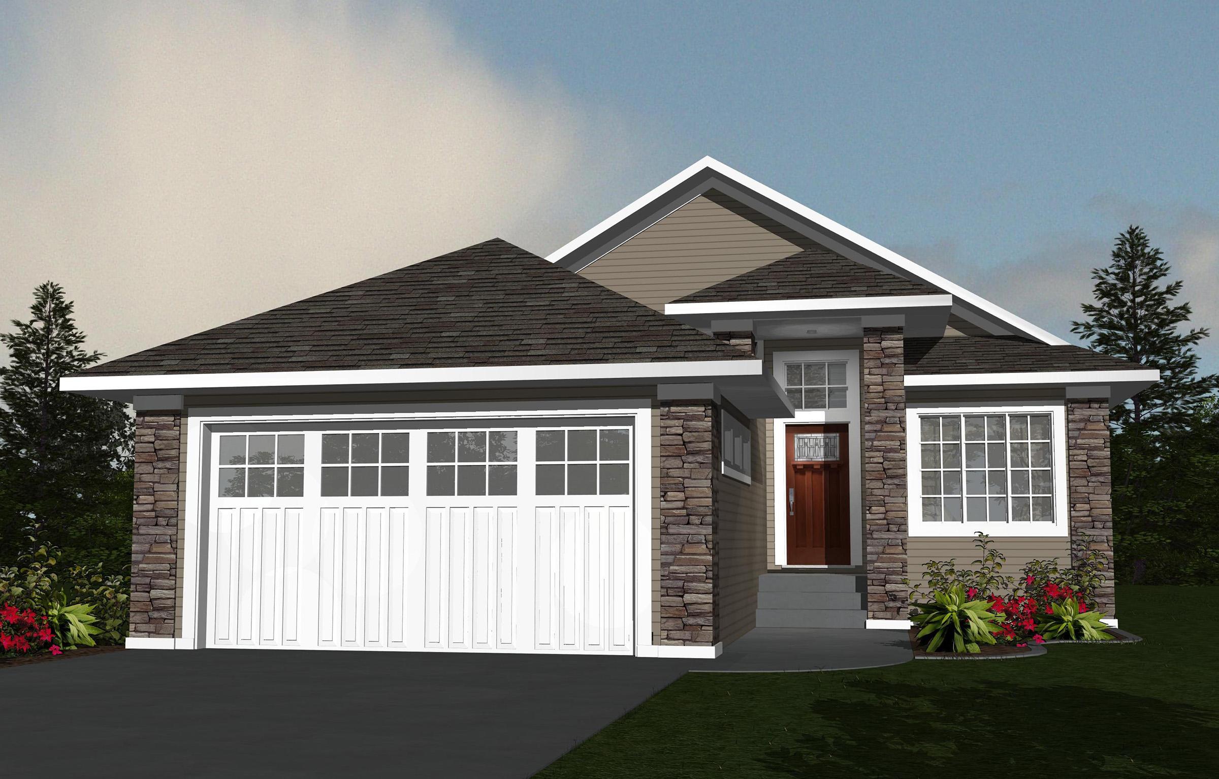 House plan exterior with a single-story design, prominent gabled roof, stone and siding accents, and a wide garage door.