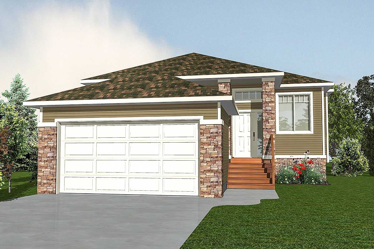 House plan exterior with stone accents and a low-pitched roof. Features a garage and front entry steps. One story house with a mix of siding.