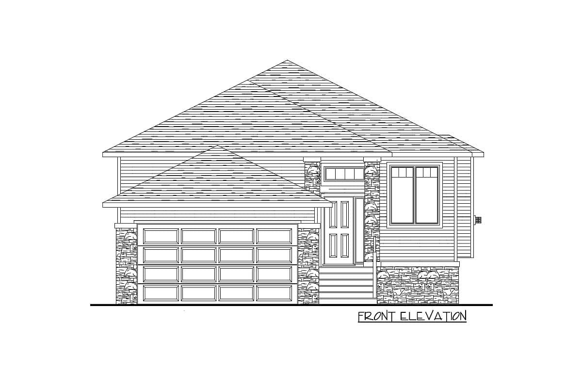 Front elevation of a two-story house plan featuring a side-entry garage, stone accents, and a prominent gable.