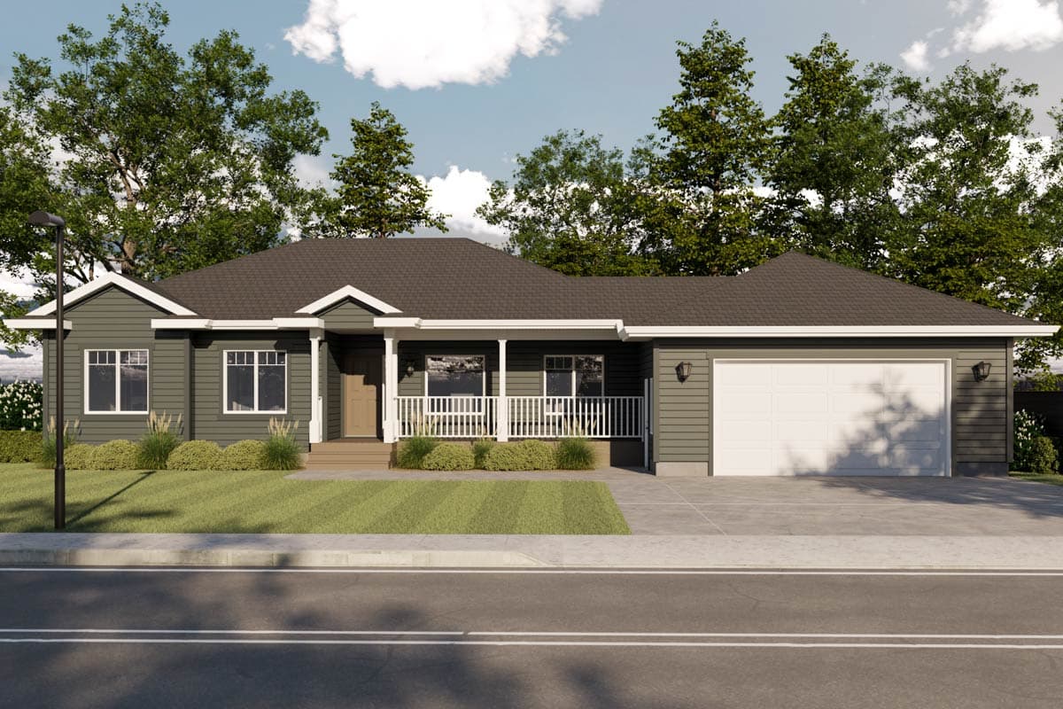 Ranch style house plan exterior with a covered front porch, prominent gables, and attached two-car garage.