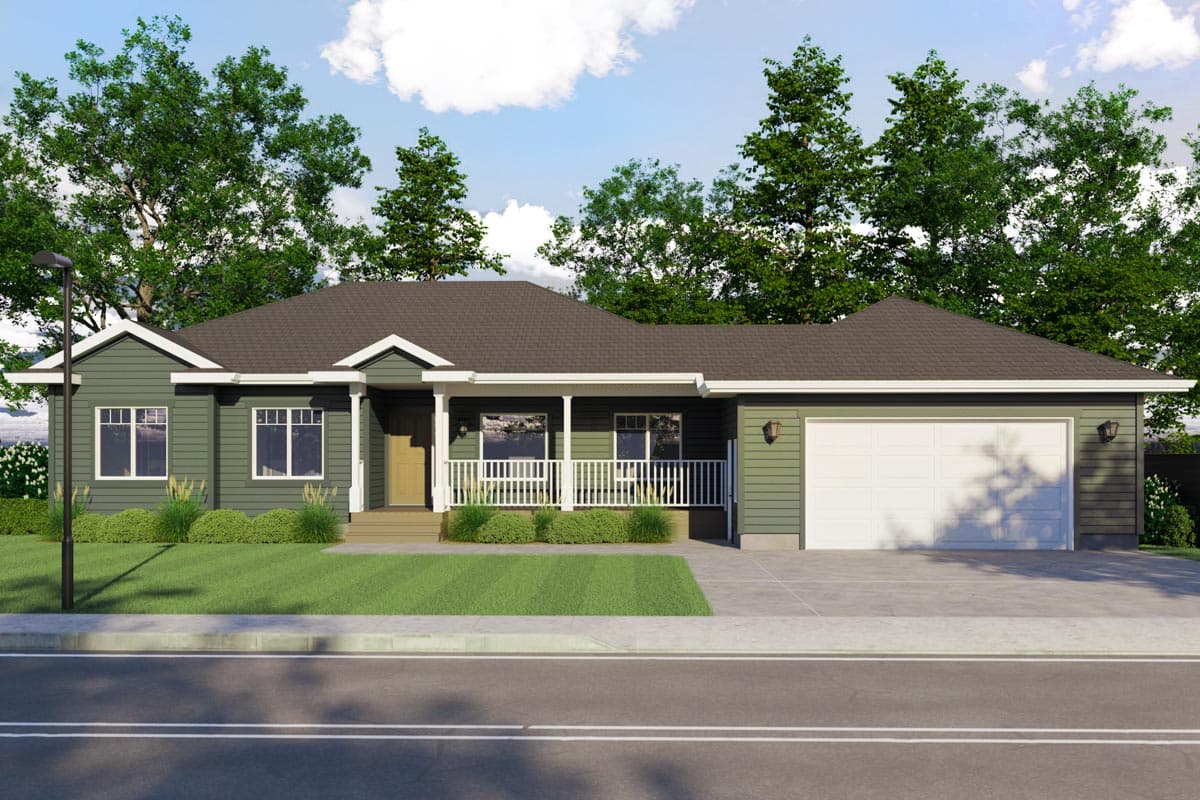 Ranch house plan exterior with a covered front porch, white railings, gabled roofline, and an attached garage.