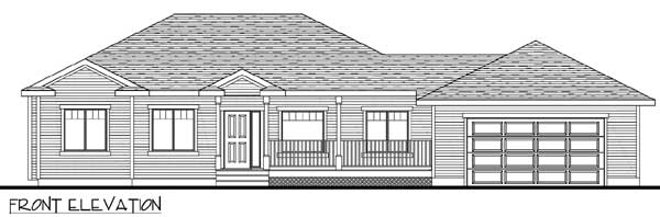 Front elevation drawing of a one-story house with a covered front porch, multiple gables, and an attached garage.