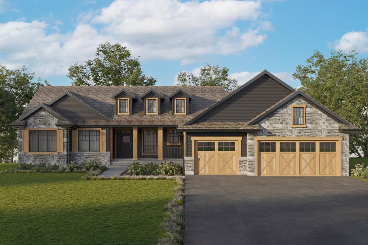 House plan exterior. Ranch style with stone facade and gabled roof. Features include dormers, front porch with columns, and a two-car garage.