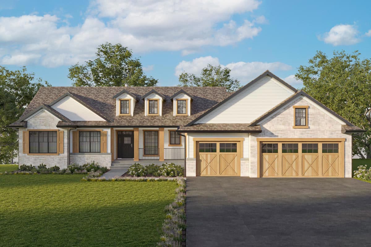 House plan exterior: Modern Farmhouse style, two-story, front entry porch, three dormers, and a three-car garage.