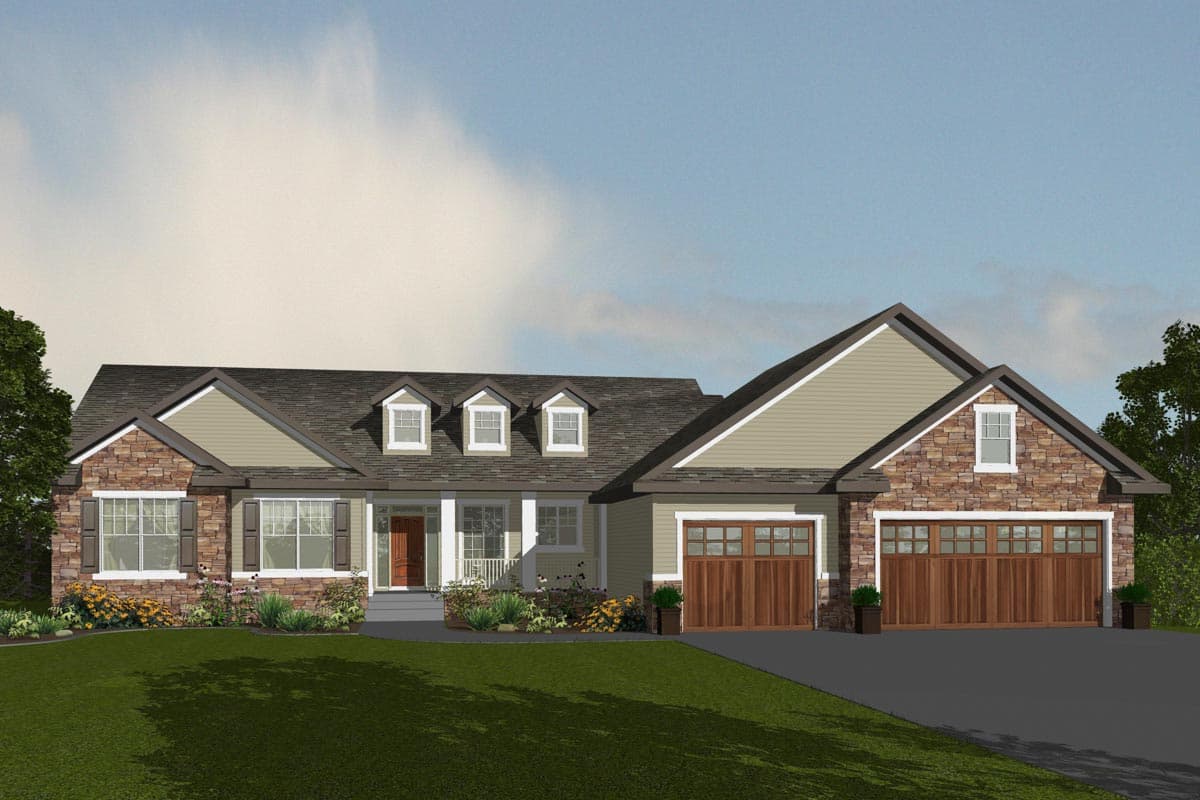 House plan exterior: One-story home with stone accents, a covered porch, three dormers, and a three-car garage.