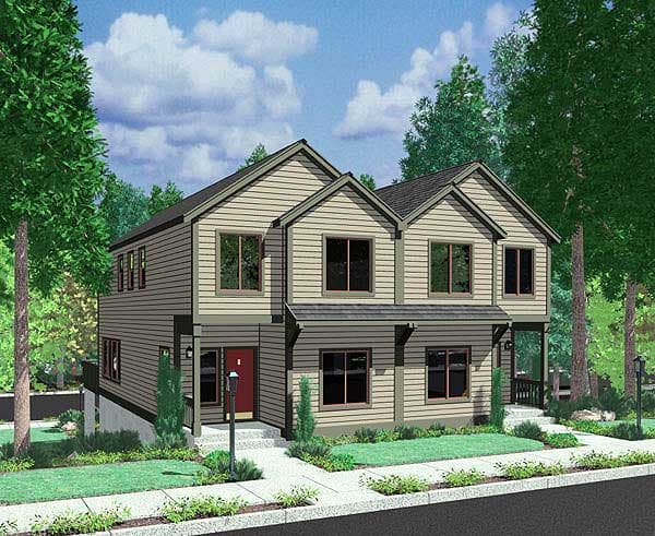 Two-story house plan exterior with gabled rooflines, horizontal siding, multiple windows, and a front entrance porch.
