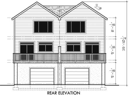 Rear elevation drawing of a two-story house plan with twin gables, two garages, and a deck.