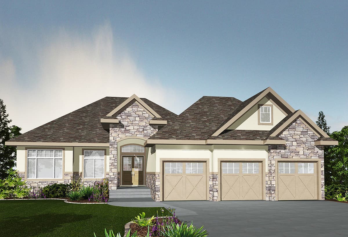 House plan exterior: Single-story home with stone accents, multiple gables, arched entryway, and a three-car garage.
