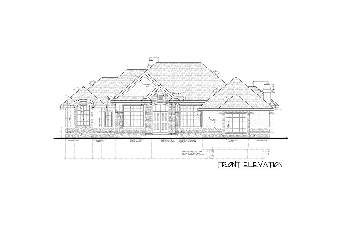 Front elevation house plan drawing showing a single-story home with a mix of stone and stucco, multiple gables, and a prominent front entrance.