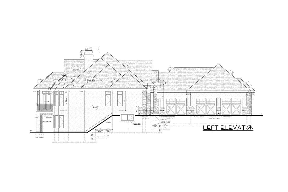 Left elevation floor plan drawing showing a multi-story house with a three-car garage, dormers, gables, and a prominent chimney.