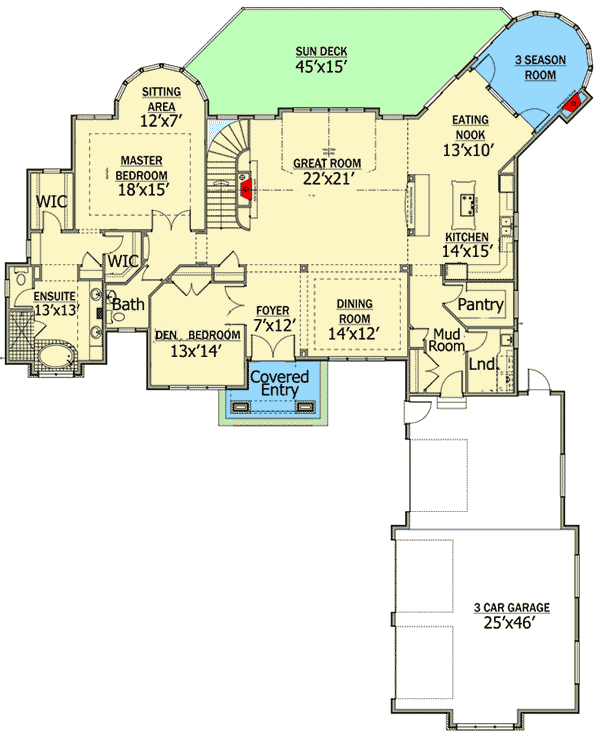 Plan 81634AB: Stone-and-Stucco House Plan with Three-Season Room and Finished Lower Level - Floor Plan - Main Level - European