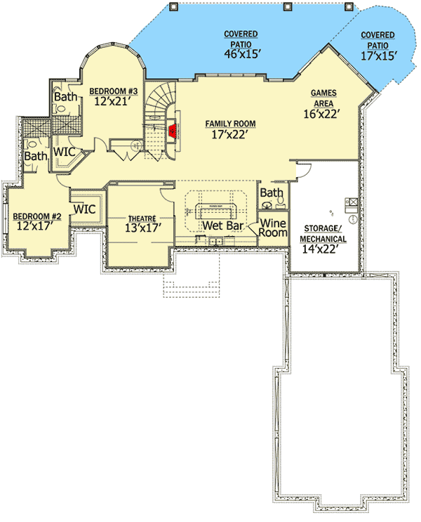 Plan 81634AB: Stone-and-Stucco House Plan with Three-Season Room and Finished Lower Level - Floor Plan - Lower Level - European