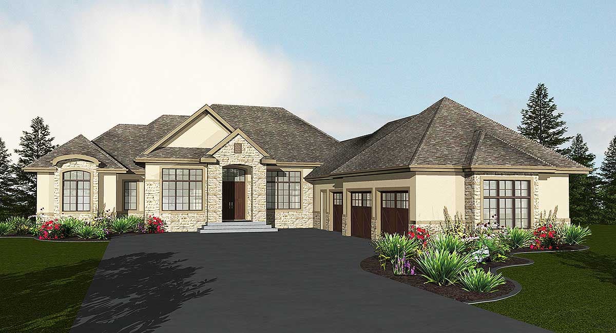 House plan exterior: Ranch style, stone accents, prominent gabled entrance, large windows, and a three-car garage.