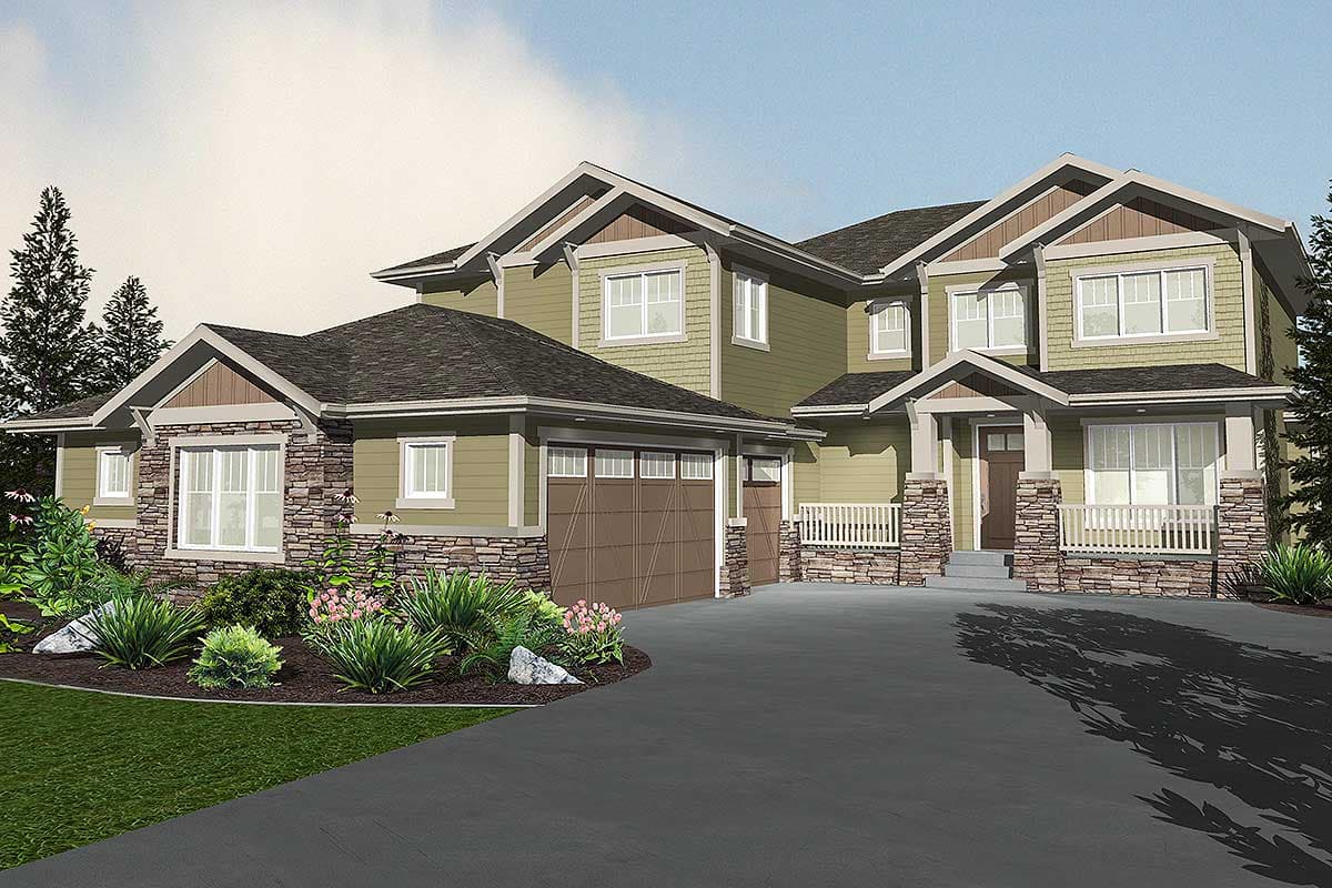 House plan exterior: Two-story Modern Farmhouse with stone accents, covered porch, and a three-car side-entry garage.