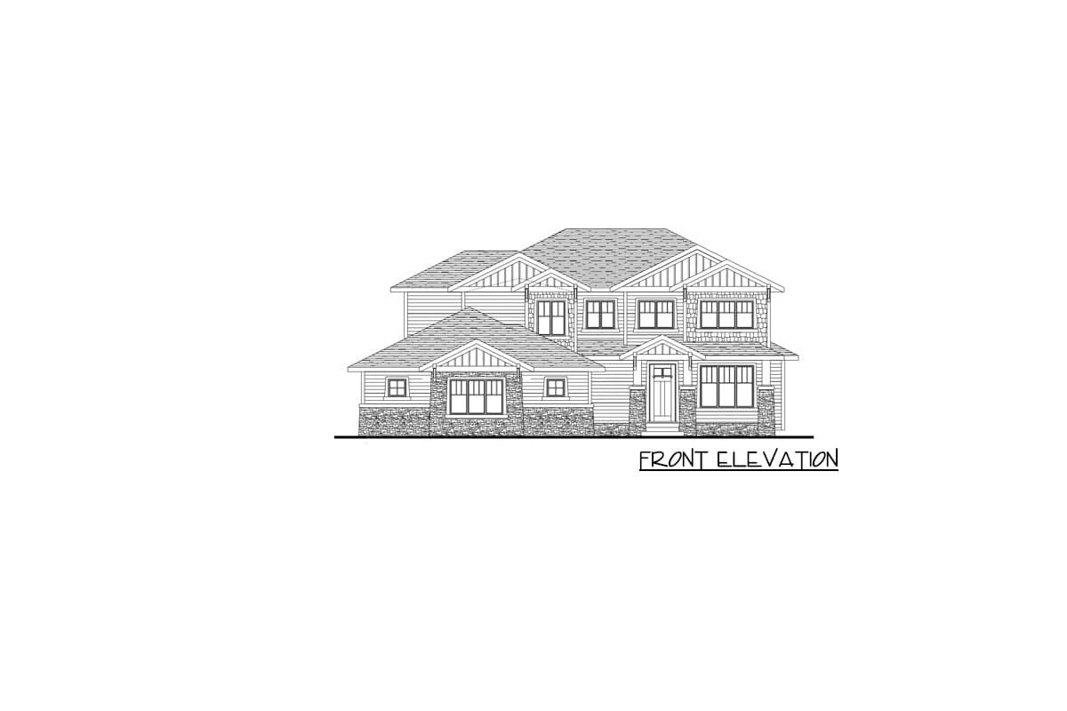 Front elevation of a two-story house plan with gables, dormers, and stone accents.