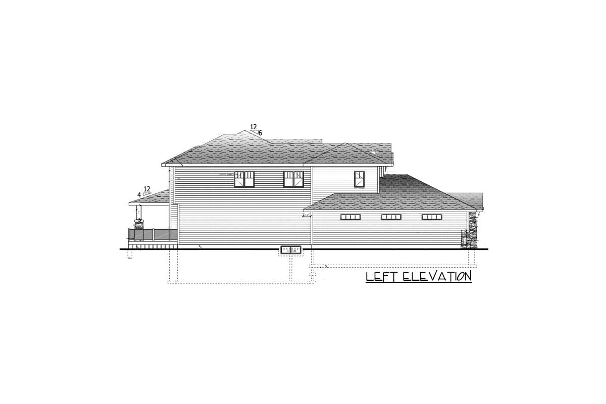Left elevation drawing of a two-story house plan with horizontal siding, multiple gables, and a covered porch.