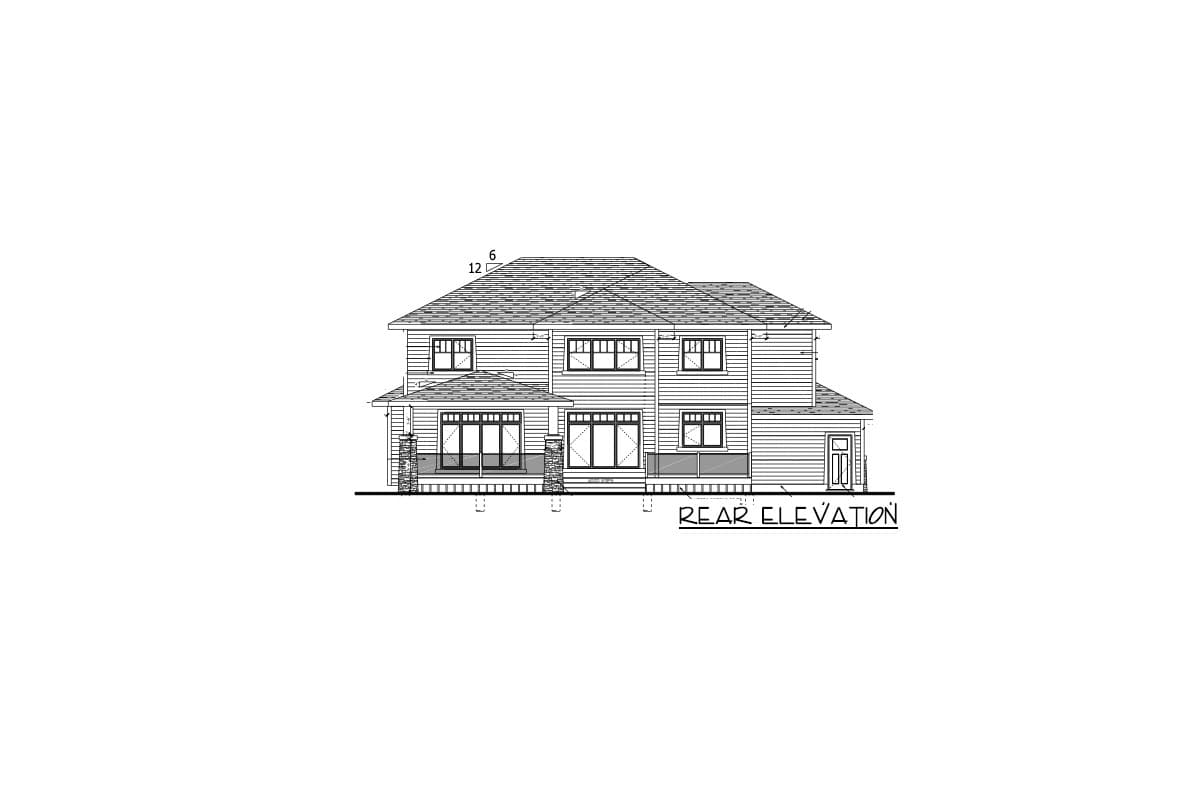 Rear elevation drawing of a two-story house with a covered porch, multiple windows, and an attached garage.