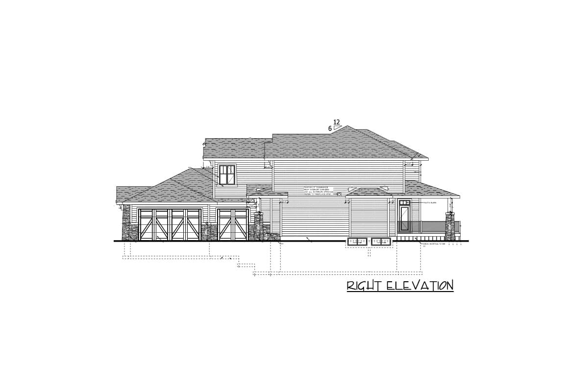 Right elevation drawing of a two-story house plan with a three-car garage, covered front porch, and multiple gables.