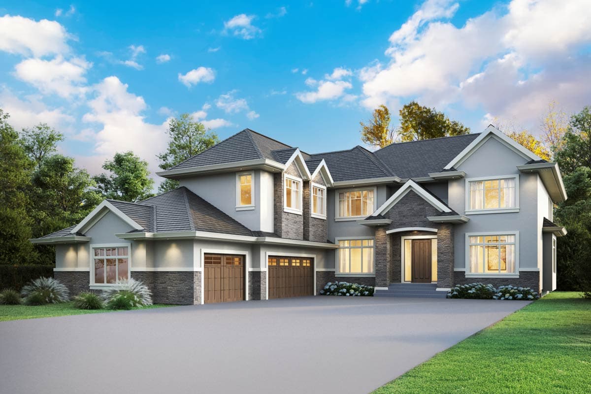 House plan exterior: Two-story modern home with stone accents, multiple gables, and a three-car garage.