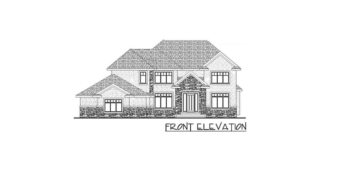 Front elevation drawing of a two-story house with multiple gables, stone accents on the lower level and entry.