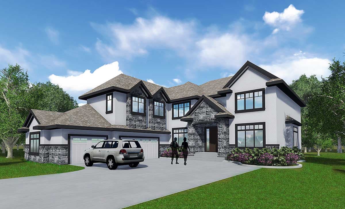 House plan exterior of a two-story home with stone accents, multiple gables, and a three-car garage.