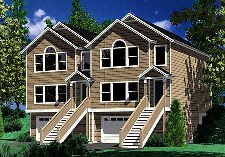 House plan exterior of a two-story duplex with attached garages, covered entryways, and arched second-story windows.