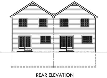 Rear elevation drawing of a two-story duplex house plan with gable roofs, double doors, and six windows on each level.