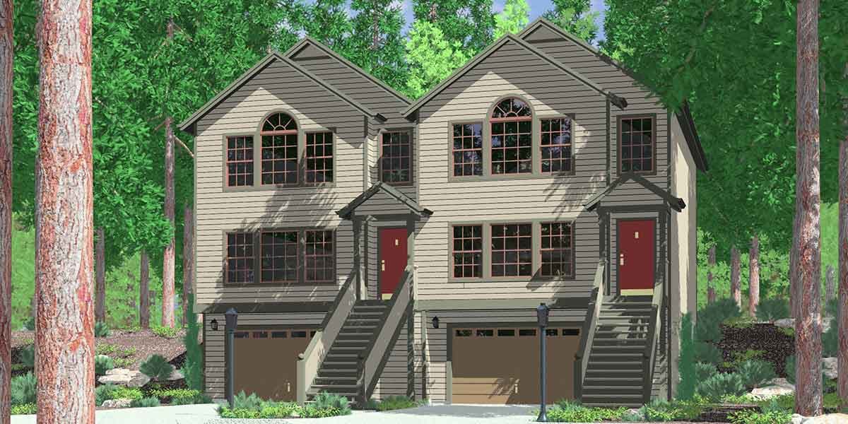 House plan exterior: Side-by-side townhomes with dual garages, arched upper windows, and external staircases to front doors.