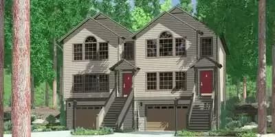 2-Story Two-Family Home Plan with Drive Under Garage - 1695 Sq Ft 3 Bed Units