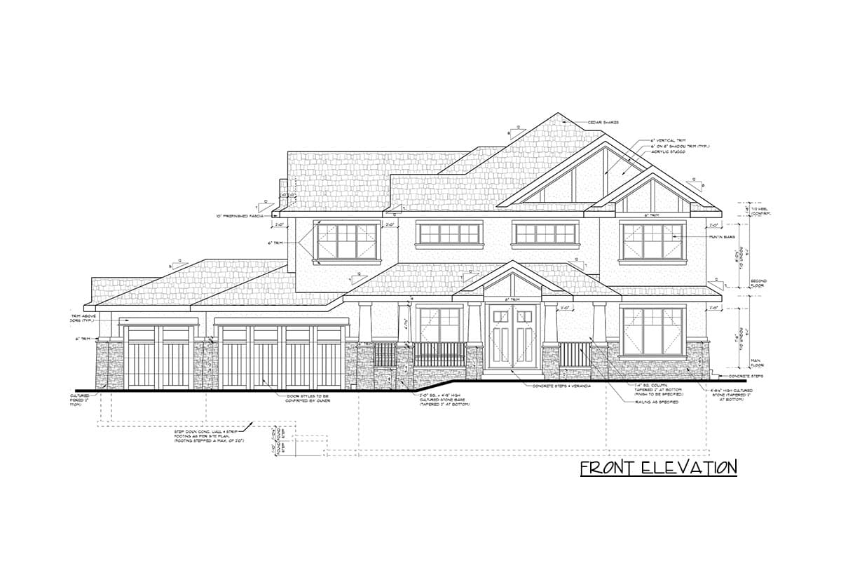 Front elevation drawing of a two-story house with a covered porch, stone accents, multiple gables, and a three-car garage.