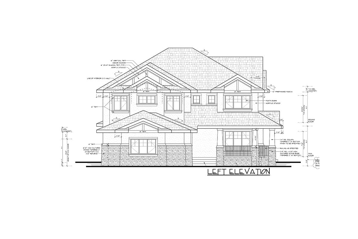 Architectural drawing of a two-story house plan, left elevation, featuring gables, dormers, stone base, and a covered porch.