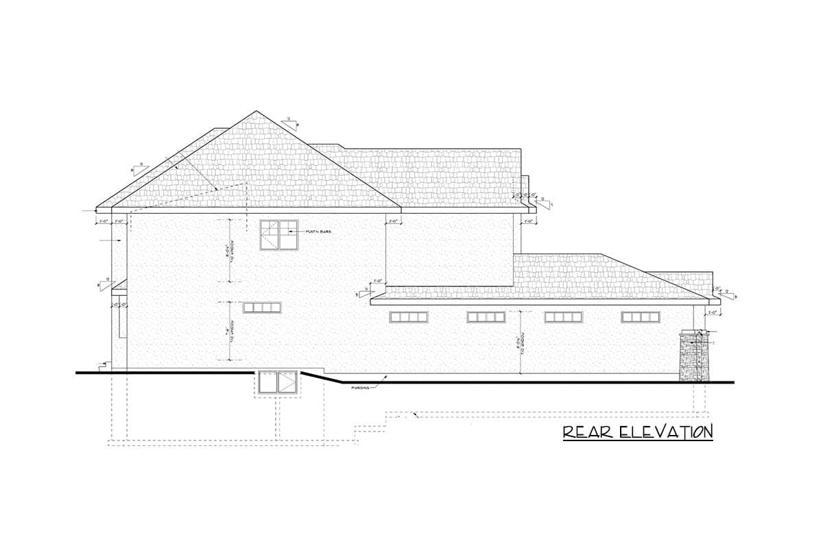 Rear elevation drawing of a house plan with multiple rooflines, windows, and a stone-clad structure.