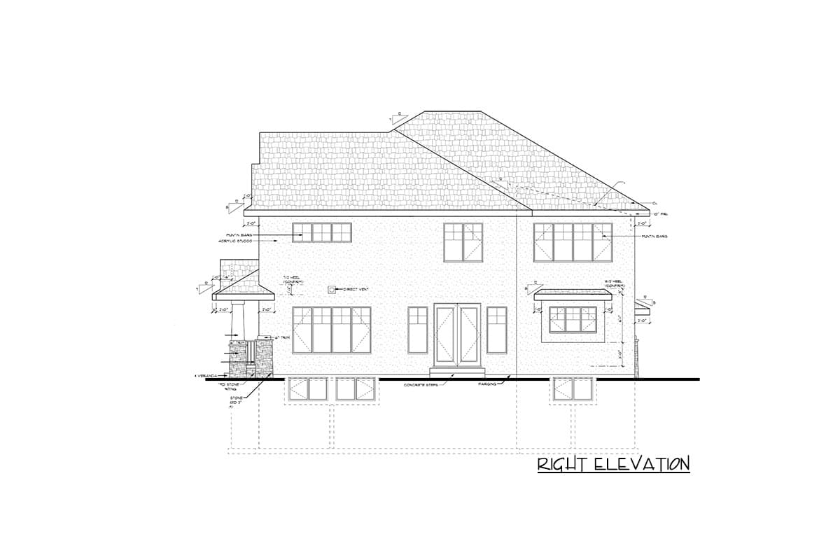 Right elevation drawing of a two-story house with a covered porch, gabled rooflines, and multiple windows.